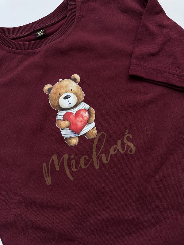 Koszulka bordowa z imieniem Michaś i misiem z serduszkiem rozmiar 104