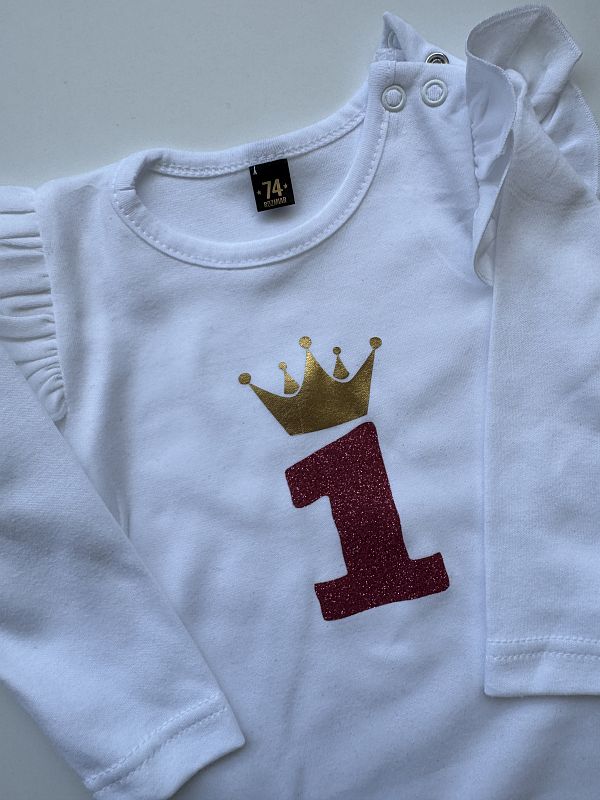 Body z ozdobnym rękawem na pierwsze urodziny rozmiar 74