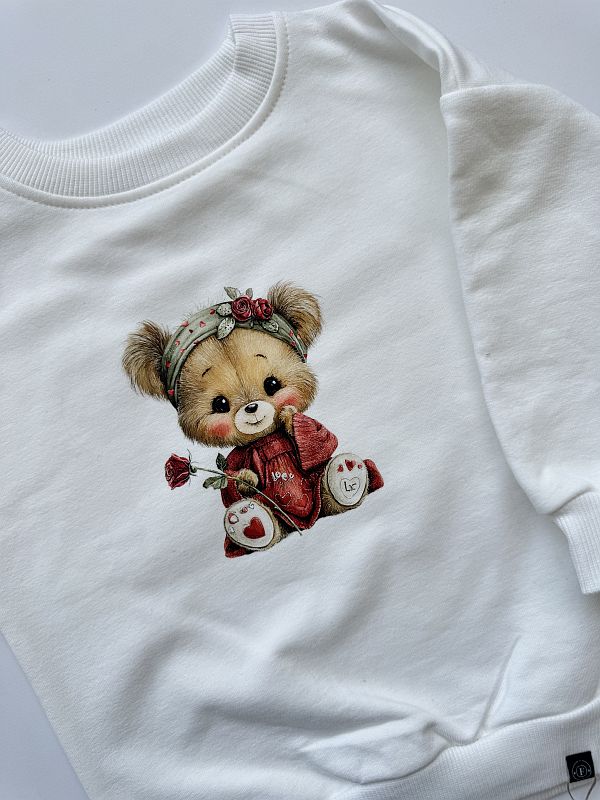 Bluza ecru z misiem i kwiatuszkiem rozmiar 86