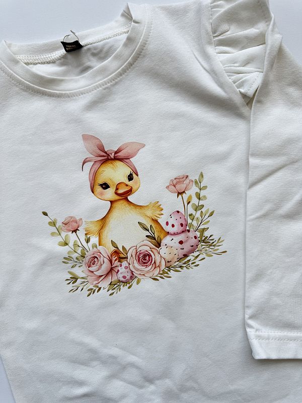 Koszulka ecru z ozdobnym rękawem z kaczuszką rozmiar 104