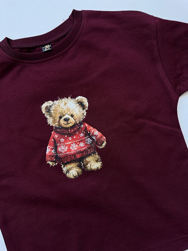 Koszulka bordowa z misiem w sweterku rozmiar 98