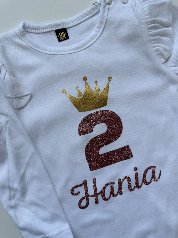 Body z ozdobnym rękawem na 2 urodziny z imieniem Hania rozmiar 98