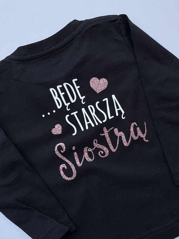 Koszulka czarna z długim rękawem będę starszą siostrą rozmiar 80