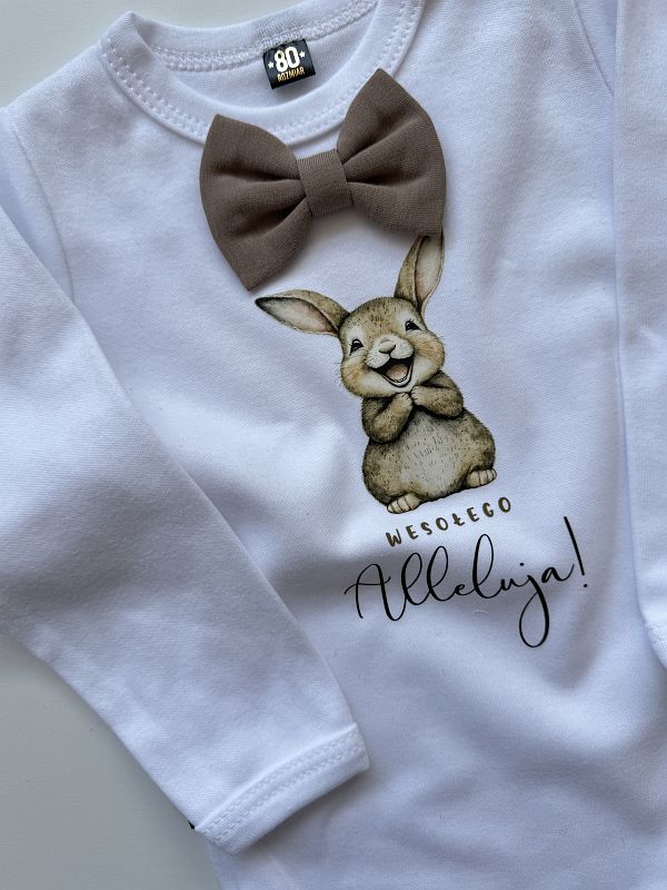 Body białe z długim rękawem wesołego Alleluja z muchą rozmiar 80