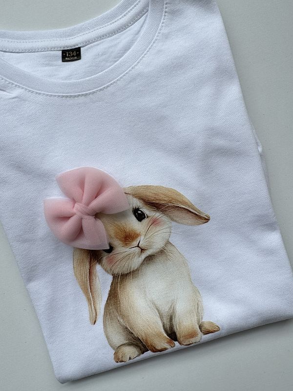 Koszulka biała z krótkim rękawem króliczek z kokardą rozmiar 134