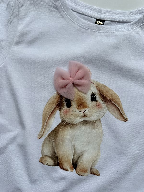 Koszulka biała z krótkim rękawem króliczek z kokardą rozmiar 128