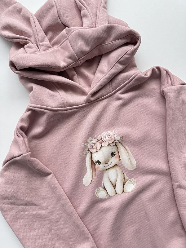 Bluza różowa z uszami zajączka i nadrukiem króliczka rozmiar 122