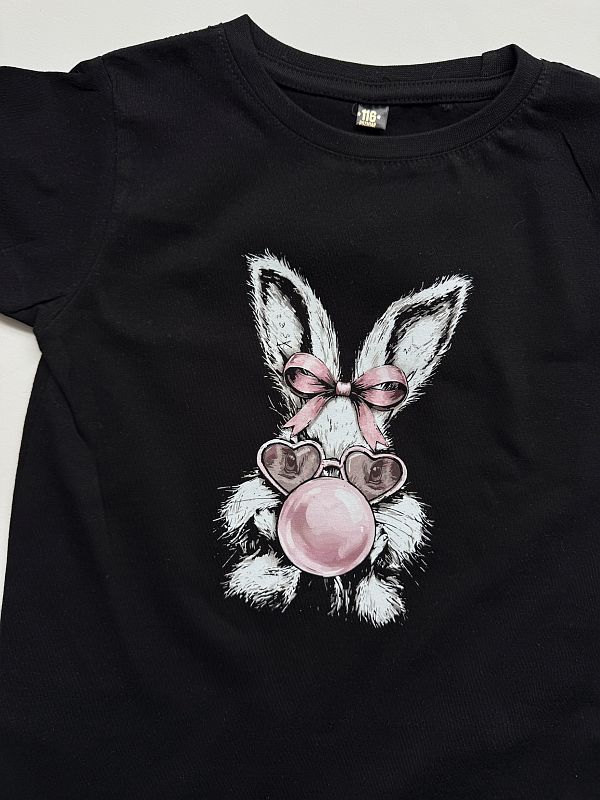 Koszulka czarna z krótkim rękawem króliczek z gumą balonową rozmiar 116