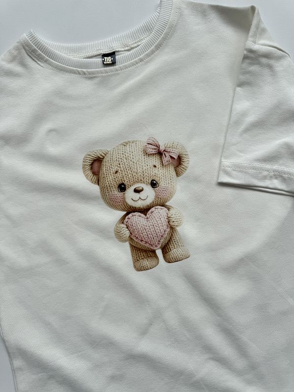 Koszulka ecru z krótkim rękawem sweterkowy misio rozmiar 116