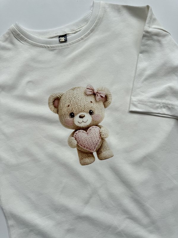 Koszulka ecru z krótkim rękawem sweterkowy misio rozmiar 116