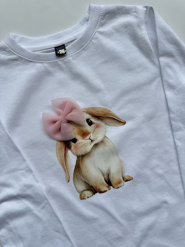 Koszulka biała z długim rękawem króliczek z kokardą rozmiar 116