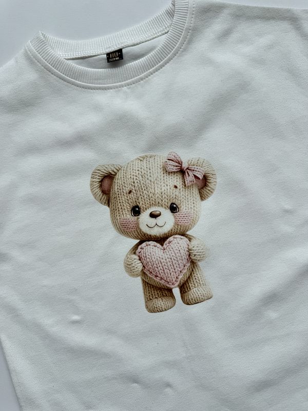 Koszulka ecru z krótkim rękawem sweterkowy misio rozmiar 110