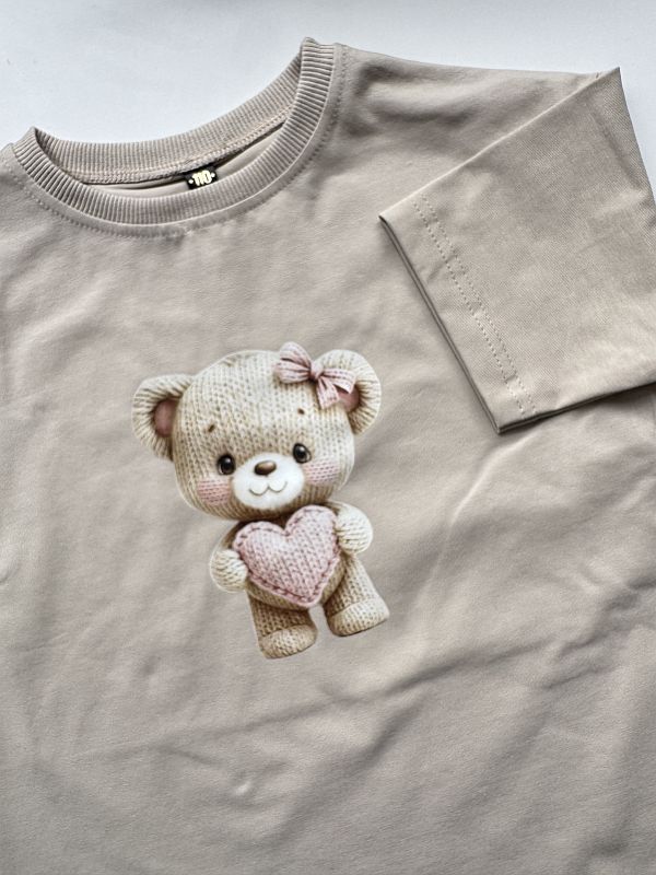 Koszulka beżowa z krótkim rękawem sweterkowy misio rozmiar 110