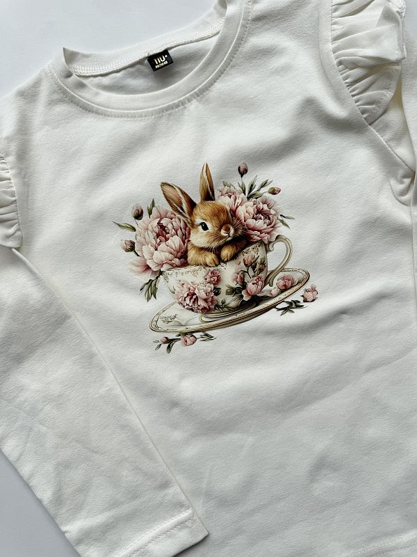 Koszulka ecru z długim rękawem królik w filiżance rozmiar 110