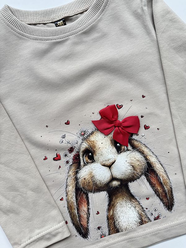 Koszulka beżowa z długim  rękawem królik z kokardą rozmiar 98