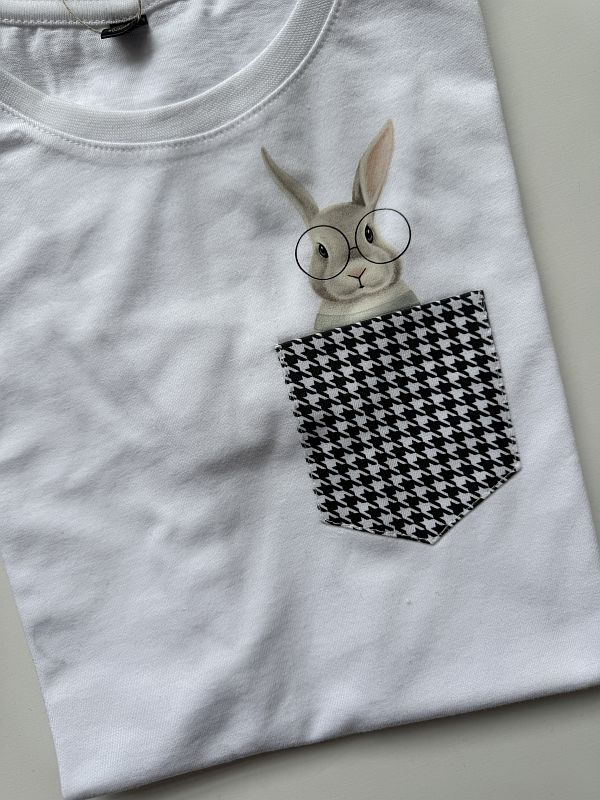 Koszulka biała z krótkim rękawem królik w kieszonce rozmiar 164