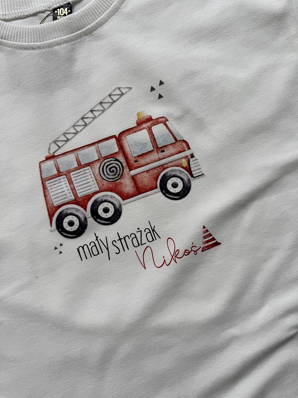 Koszulka ecru z krótkim rękawem mały strażak Nikoś rozmiar 104