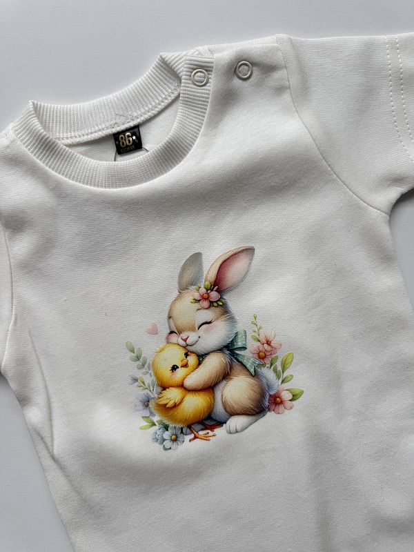 Body ecru z krótkim rękawem króliczek i kurczaczek rozmiar 86