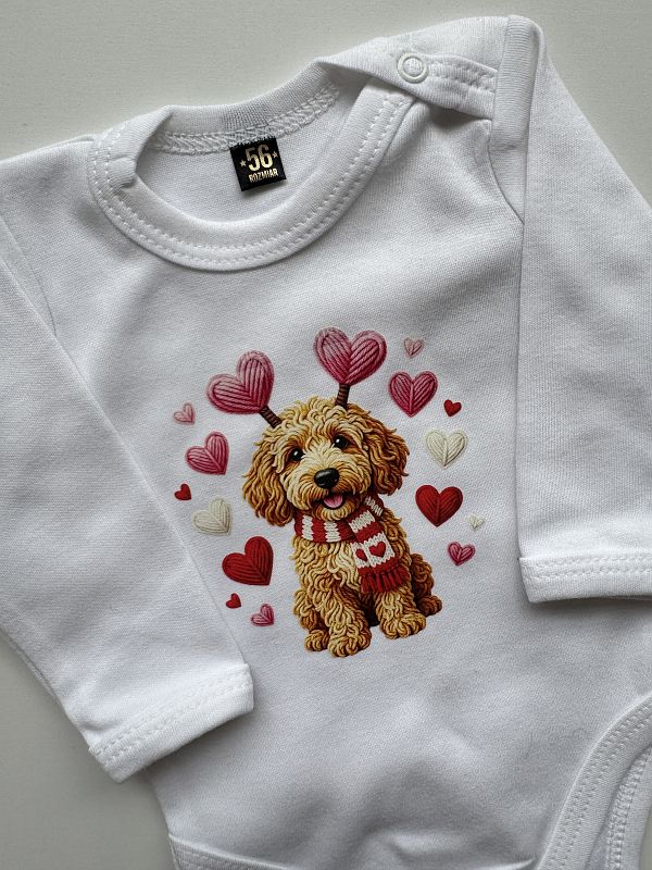 Body białe z długim rękawem piesek z serduszkami rozmiar 56