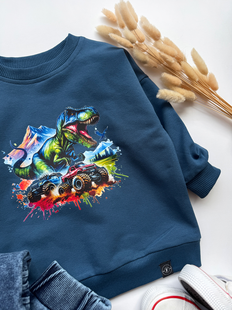 Ciemnoniebieska bluza dziecięca kolorowy t-rex