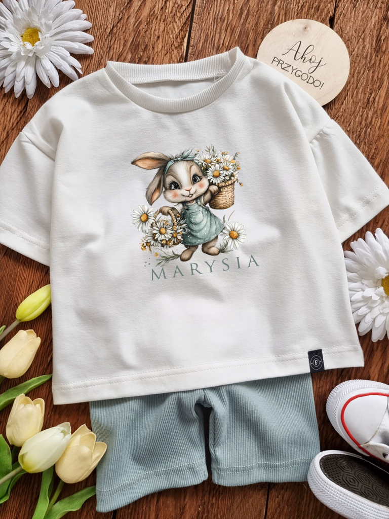 Koszulka dziecięca króliczek z koszem stokrotek
