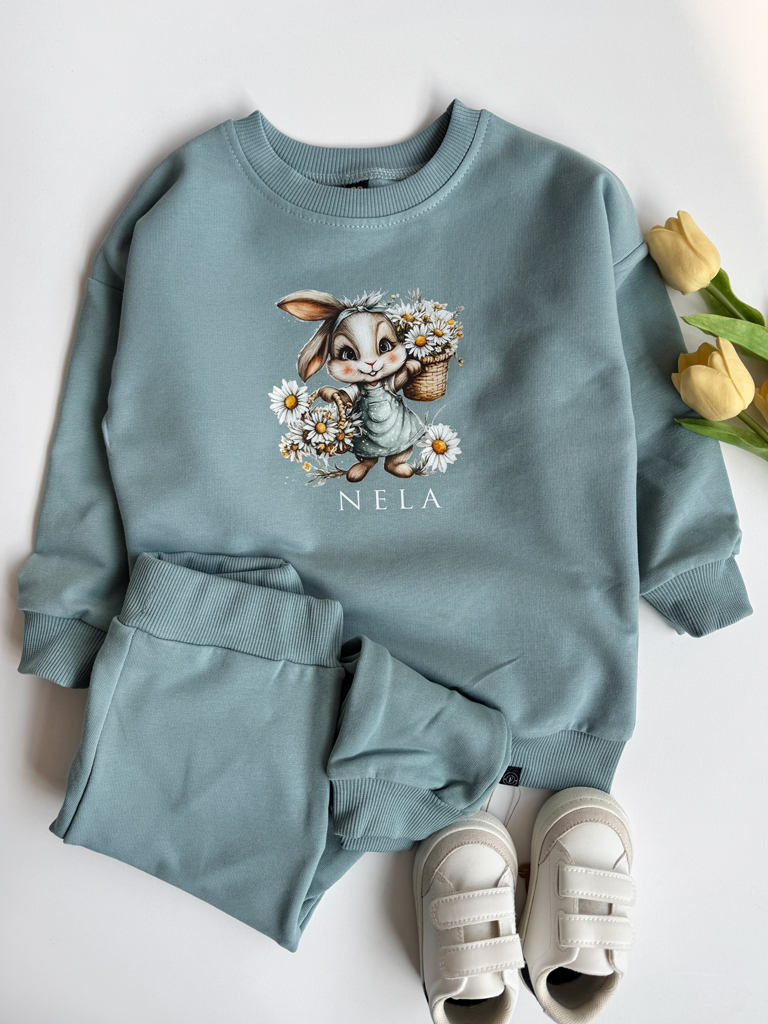 Komplet dla dziecka króliczek z koszem stokrotek