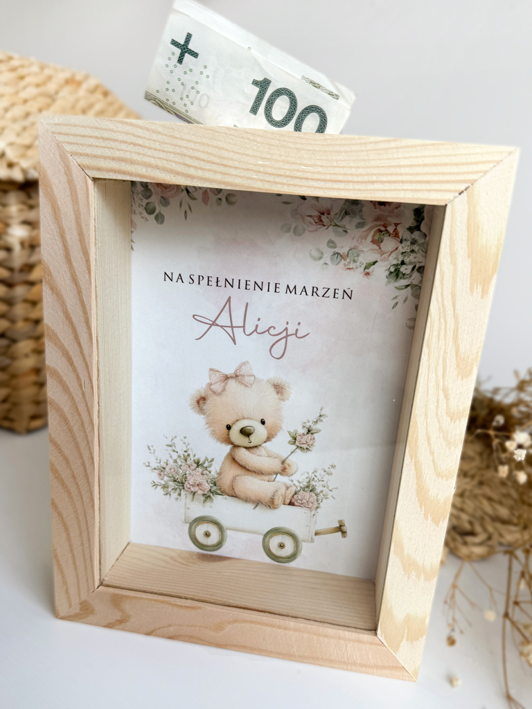 Skarbonka dla dziecka z nadrukiem misia z kwiatami