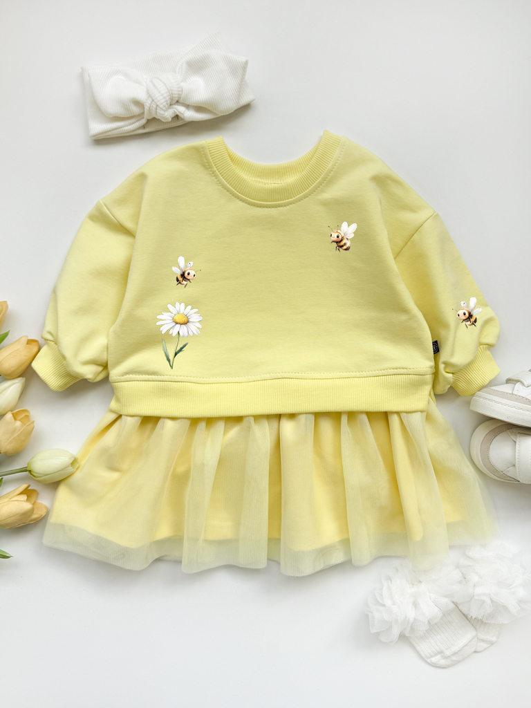 Sukienka dla dziewczynki z tiulem pszczółki na łące