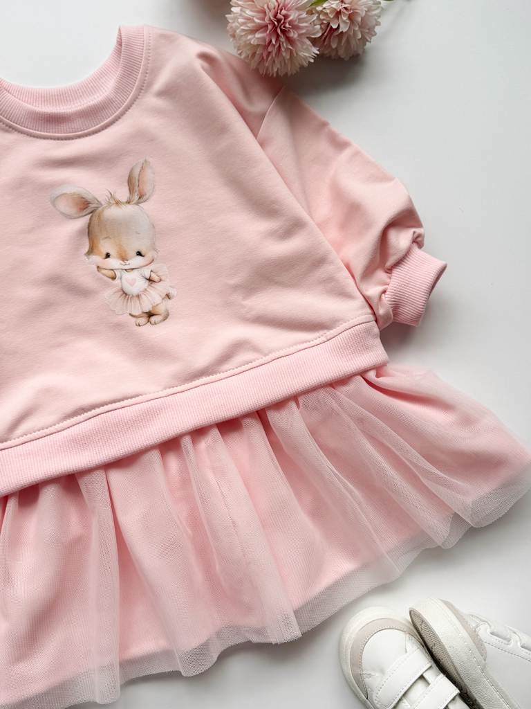 Sukienka dla dziewczynki z tiulem morelowa słodki króliś