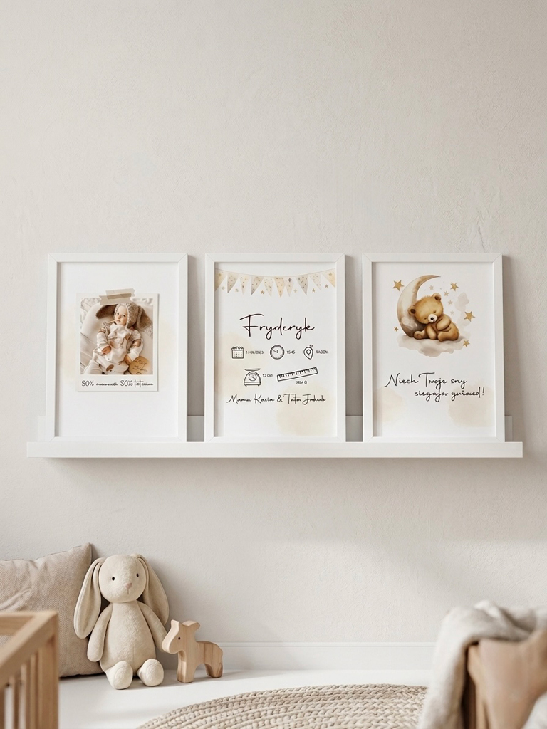 Zestaw 3 plakatów w ramkach metryczka z misiem i zdjęciem Twojego dziecka