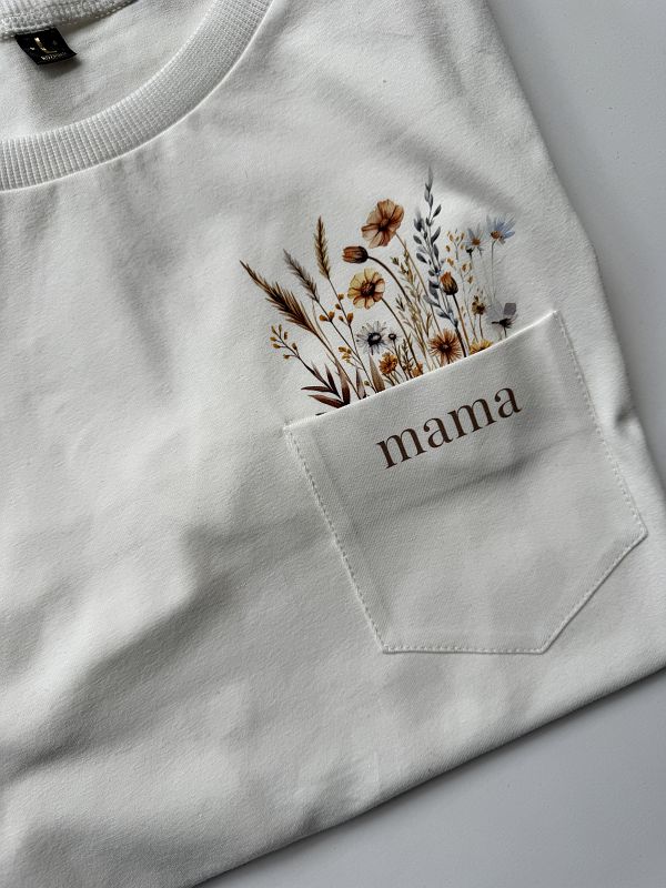 Koszulka damska ecru kwiaty w kieszonce rozmiar L