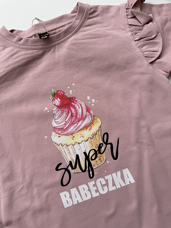 Koszulka różowa z krótkim rękawem super babeczka rozmiar 128