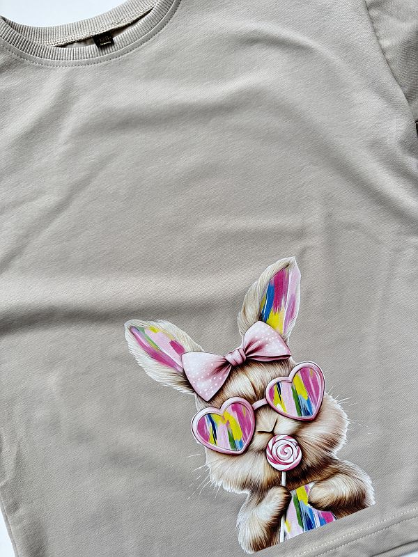 Koszulka beżowa z krótkim rękawem królik w kolorowych okularach rozmiar 128