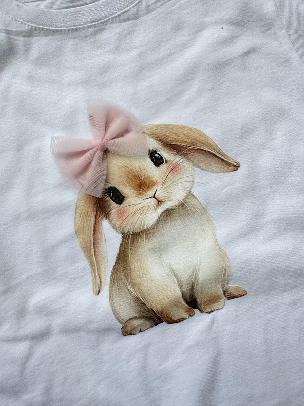 Koszulka biała z krótkim rękawem króliczek z kokardą rozmiar 128