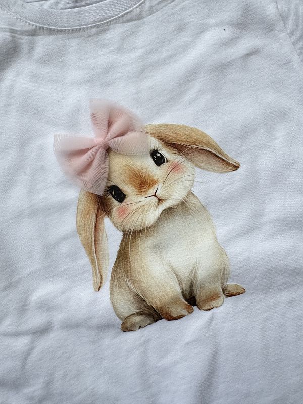 Koszulka biała z krótkim rękawem króliczek z kokardą rozmiar 128