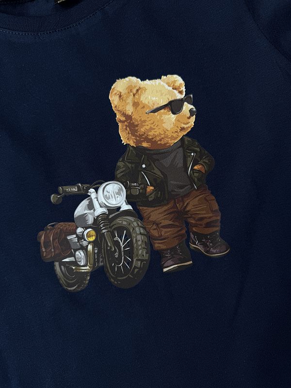 Koszulka granatowa z krótkim rękawem miś przy motorze rozmiar 122