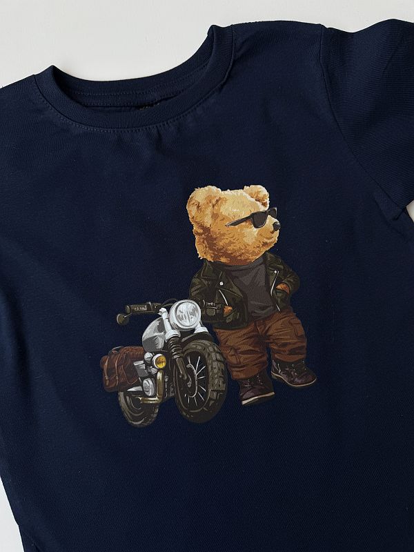 Koszulka granatowa z krótkim rękawem miś przy motorze rozmiar 116