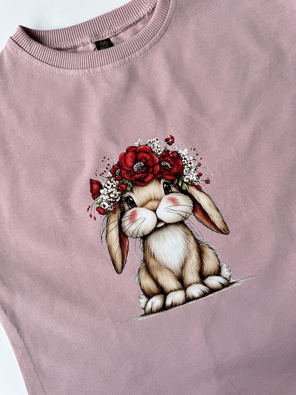 Koszulka różowa z krótkim rękawem królik w wianku rozmiar 116