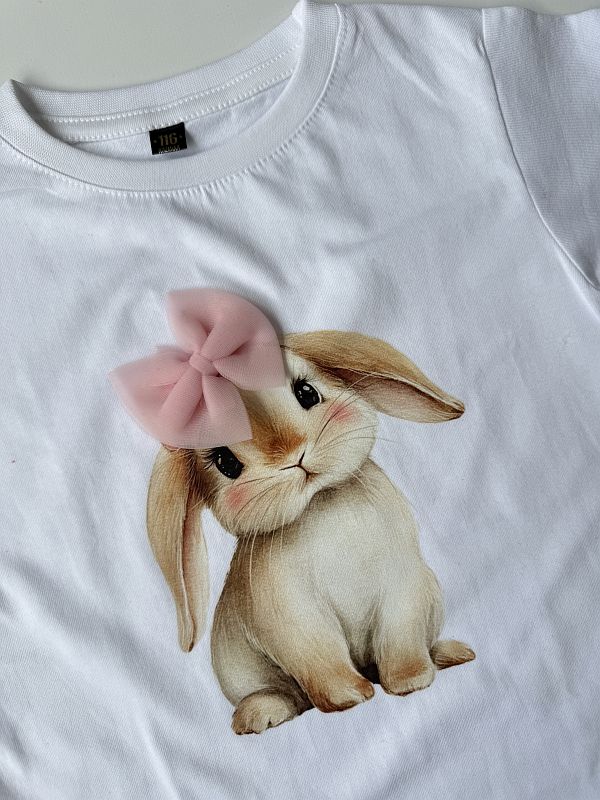 Koszulka biała z krótkim rękawem króliczek z kokardą rozmiar 116