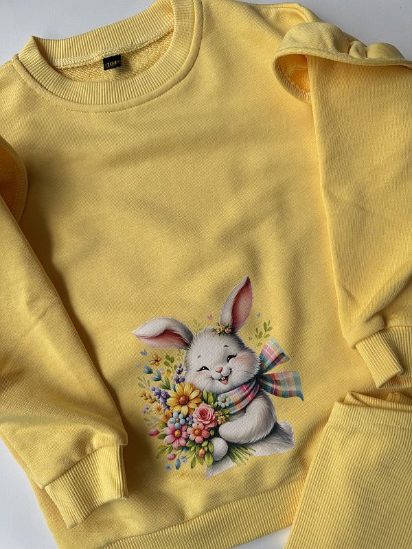 Żółty komplet z króliczkiem i bukietem kwiatów rozmiar 104
