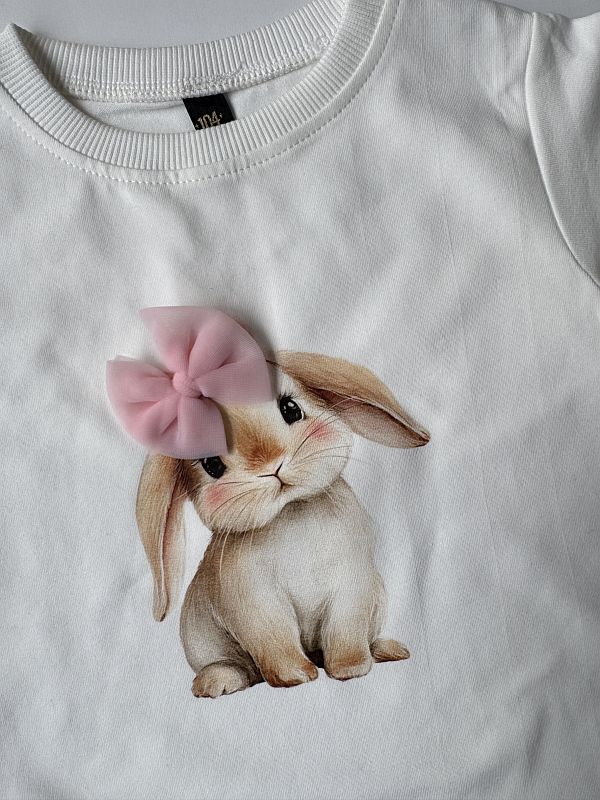 Koszulka ecru z krótkim rękawem króliczek z kokardą rozmiar 104