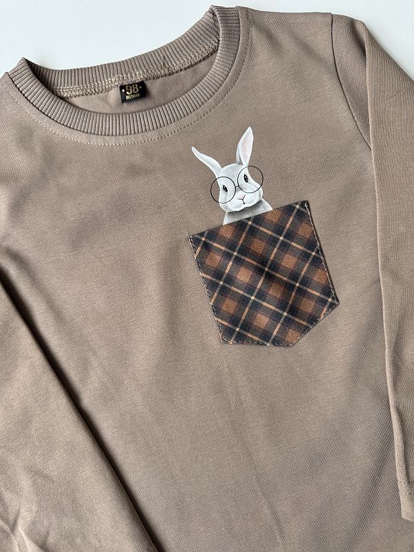 Koszulka kawowa z długim rękawem królik w kieszonce rozmiar 98