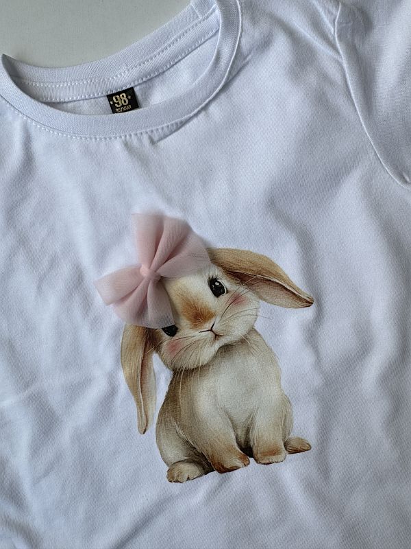 Koszulka biała z krótkim rękawem króliczek z kokardą rozmiar 98