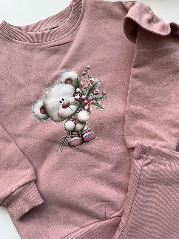 Różowy komplet dresowy miś z gałązką rozmiar 92