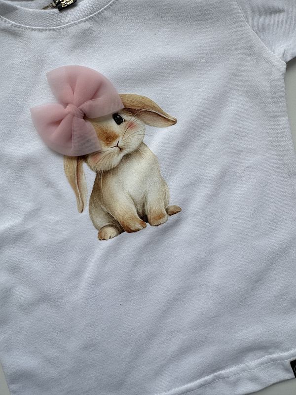 Koszulka biała z krótkim rękawem króliczek z kokardą rozmiar 92