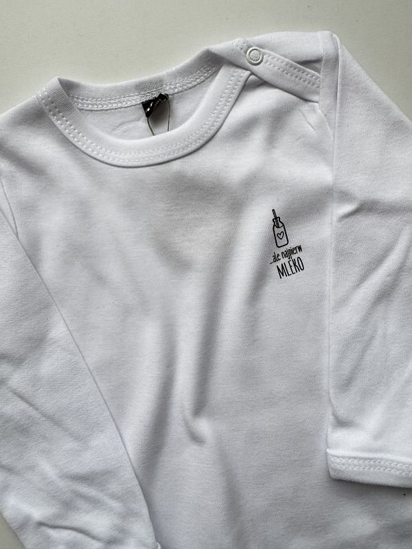 Body białe z długim rękawem ale najpierw mleko rozmiar 80