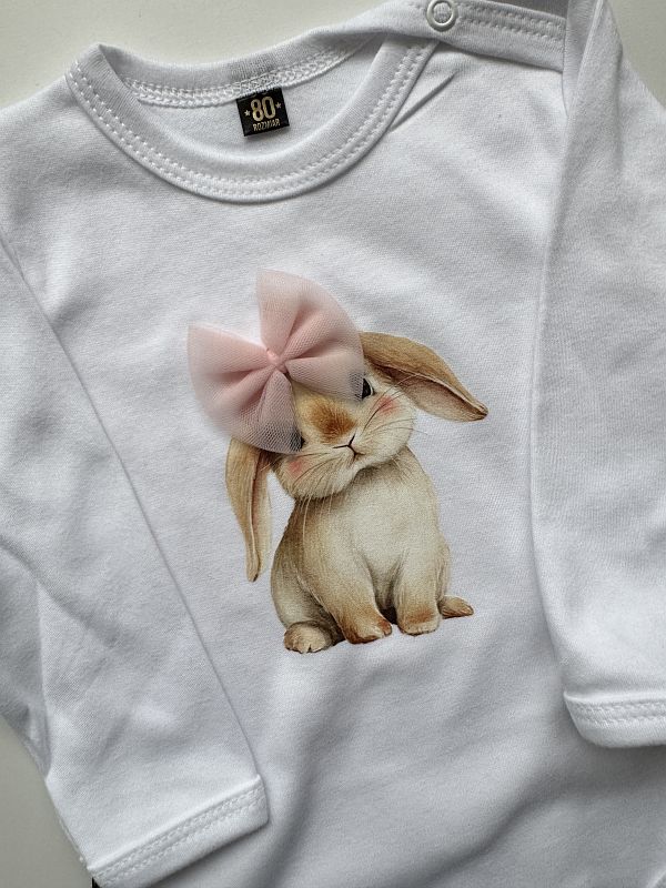 Body białe z długim rękawem króliczek z kokardą rozmiar 80