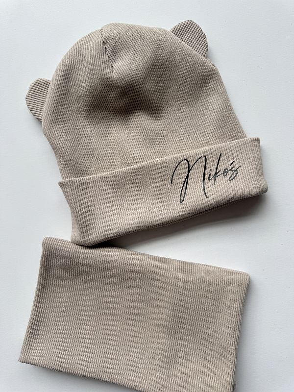 Komplet beżowy czapka + komin z imieniem Nikoś 18m-3l