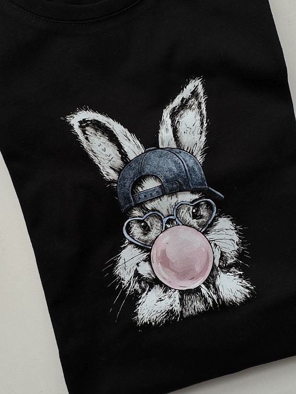 Koszulka czarna z krótkim rękawem królik z gumą balonową rozmiar 164