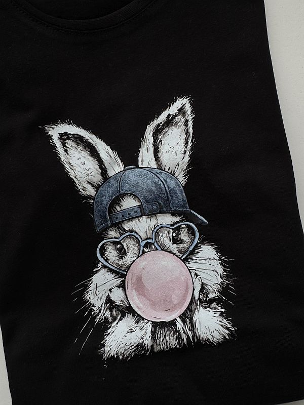 Koszulka czarna z krótkim rękawem królik z gumą balonową rozmiar 146